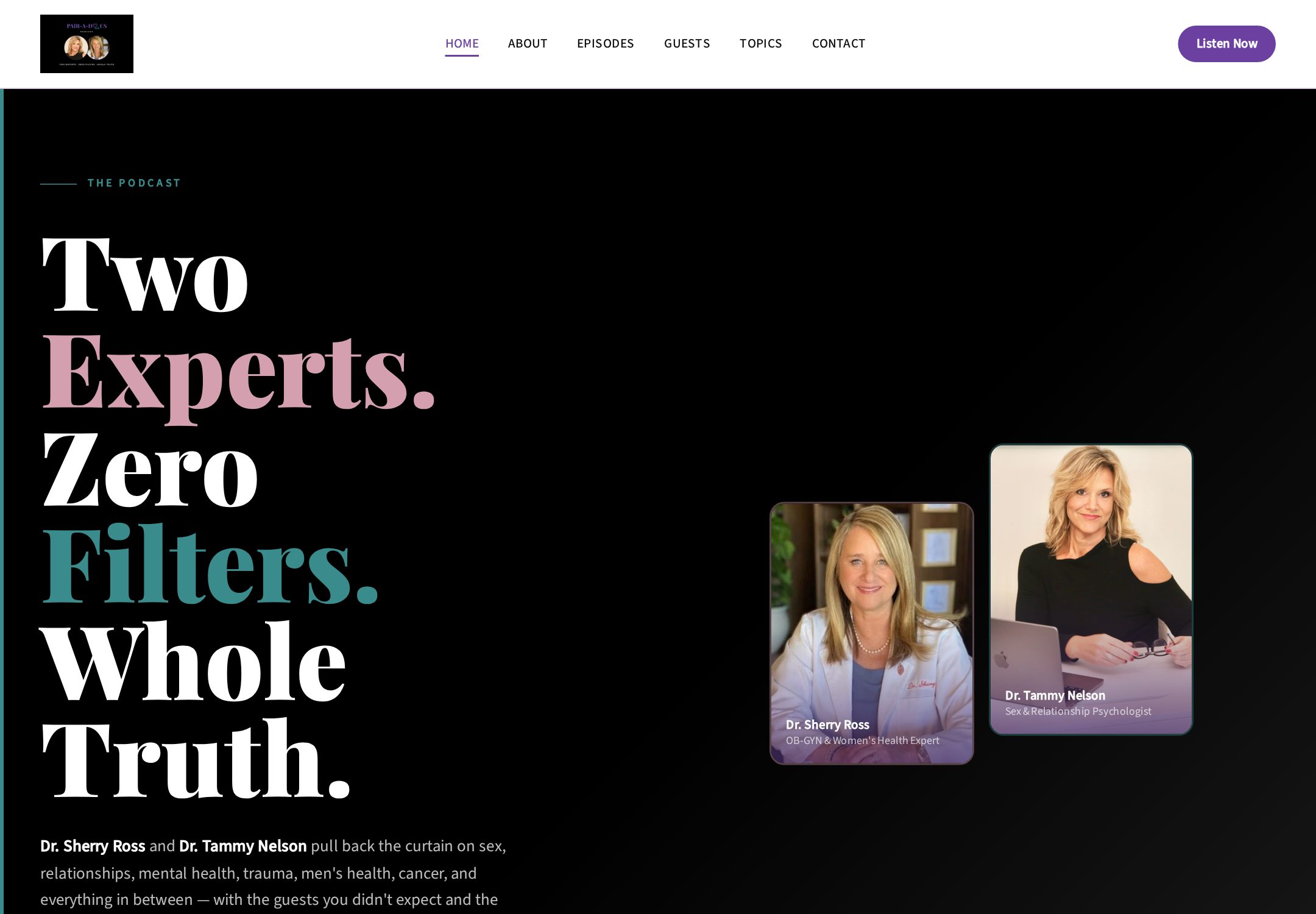 Pair-A-Docs podcast website homepage with hosts Dr. Sherry Ross and Dr. Tammy Nelson